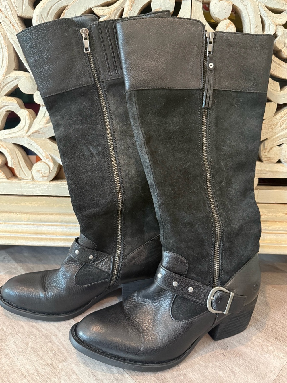 Born Leather Knee High Boots Black Buckle Riding Boots Size 7
